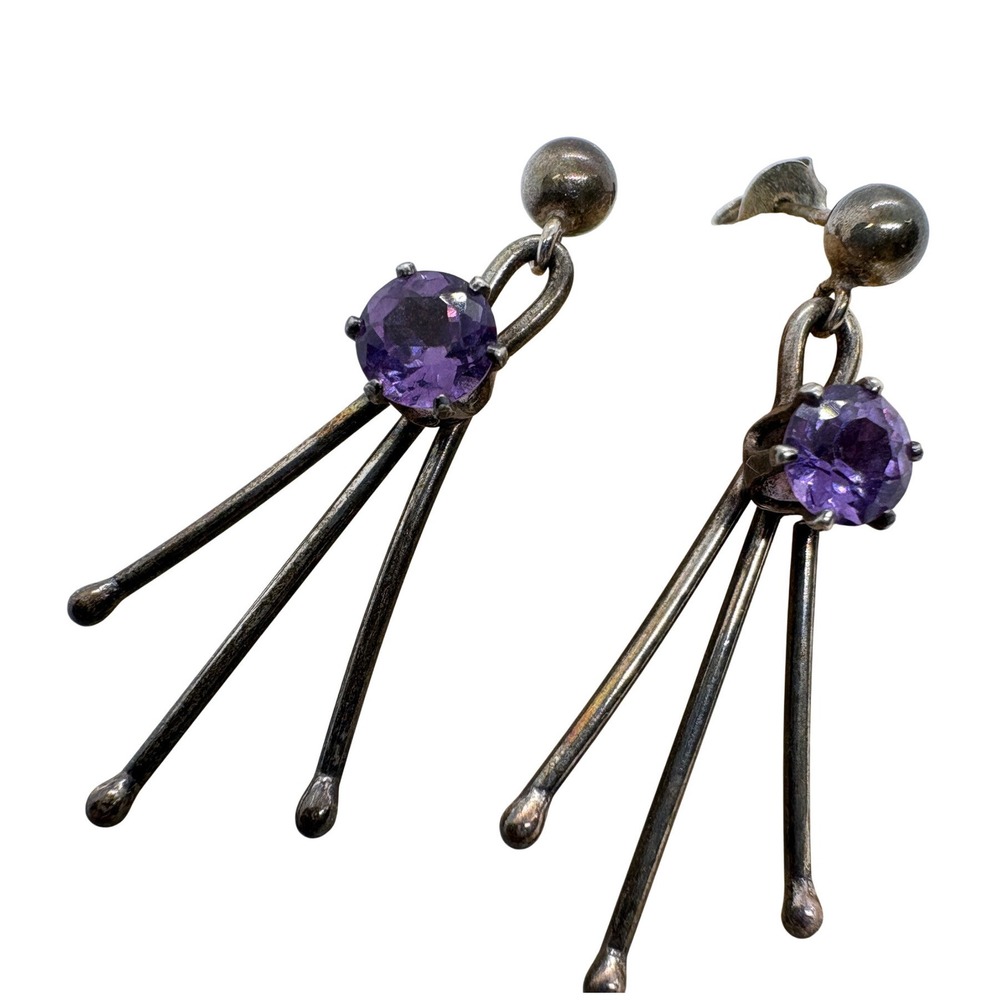 Vintage Sterling Silver Purple CZ Tripod Dangle Earrings 925 MCM Style
